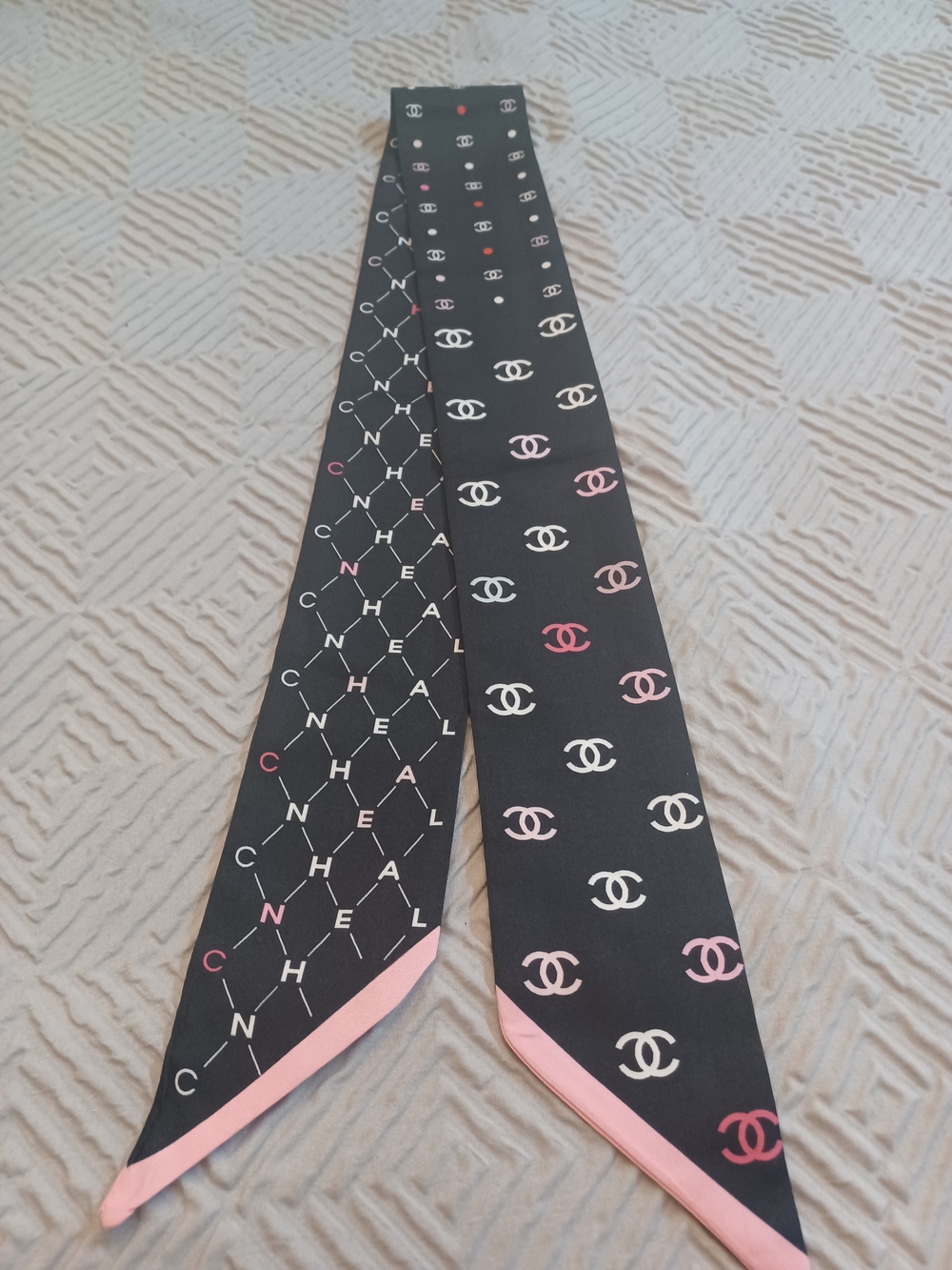 CHANEL Black with Pink & White Logo Silk Twilly Scarf